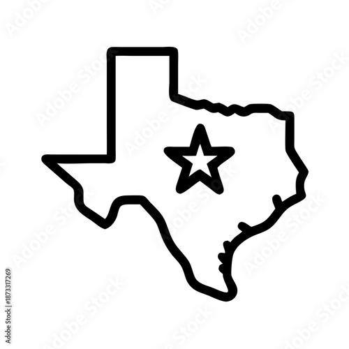 Texas state map outline with a central star icon representing the lone star state Vector