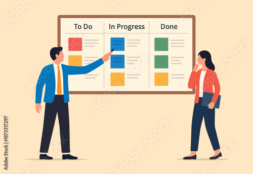 Review work progress on kanban board, todo list, in progress task and finished one, project management or planning for production concept, business people review project progress on kanban board.