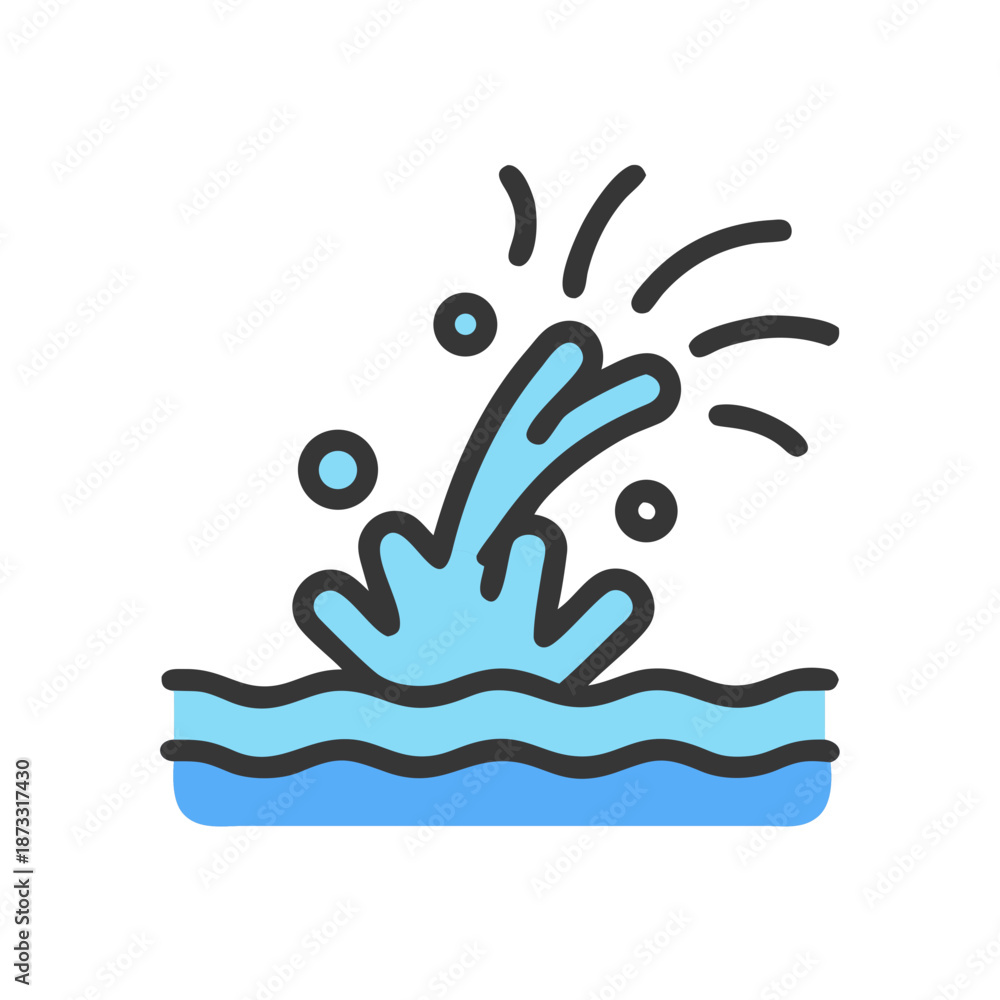 Obraz premium Vibrant cartoon illustration of a dynamic blue water splash with active droplets Vector