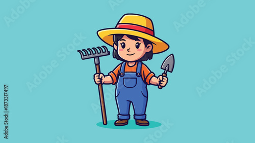 Cute Cartoon Farmer Girl Holding Rake and Shovel.