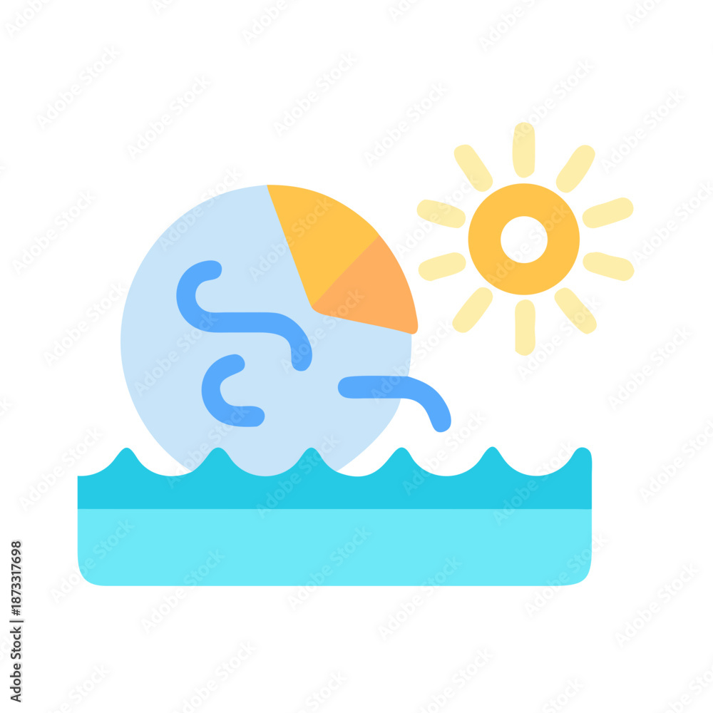 Obraz premium A vibrant icon illustrating sunny and breezy summer weather conditions over a body of water. Vector