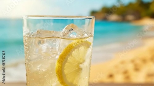 Refreshing Cold Lemonade with Ice Cubes and Lemon Slice on Sunny Beach
