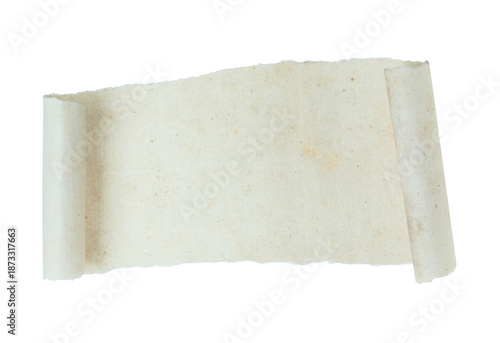 Torn ancient paper sheet with curled edges and flat center, isolated on transparent background. Vintage textured parchment with copy space for historical, classic, or editorial design