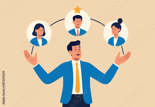 Talent or employee management, HR human resources to control staff, worker or discover new recruitment candidate concept professional businessman manager juggling employees to choose winner candidate.