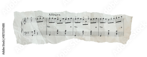 Torn and crumpled fragment of musical sheet with notes, wide horizontal composition isolated on transparent background. Vintage music paper banner with copy space for design