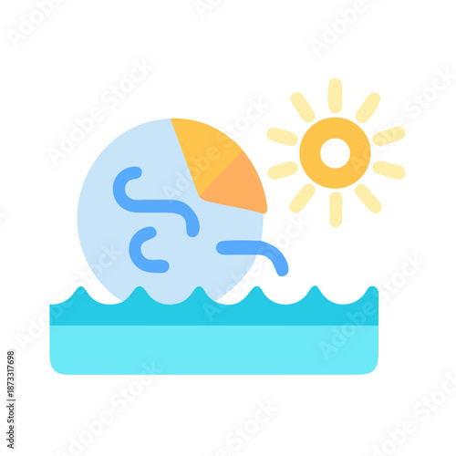 A vibrant icon illustrating sunny and breezy summer weather conditions over a body of water. Vector