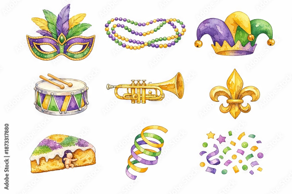 Naklejka premium watercolor Mardi gras collection featuring mask, beads, crown, drum, trumpet, and fleur-de-lis isolated on white background. concept of festive decor, celebration, vibrant elements