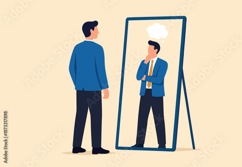 Self awareness, aware of different aspect of self, behaviors and feelings, psychology state of oneself becomes focus of attention, businessman found himself from mirror thinking about self awareness