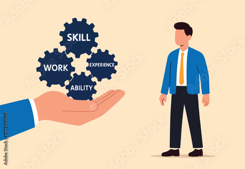 Skill, work experience or ability development, expertise success, leadership or communication to success, learning skills, wisdom concept, businessman hand hold multiple skills set to achieve success.