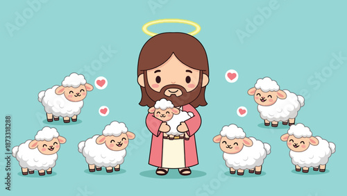 Cute cartoon Jesus Christ with a halo holding a lamb surrounded by other sheep with hearts.