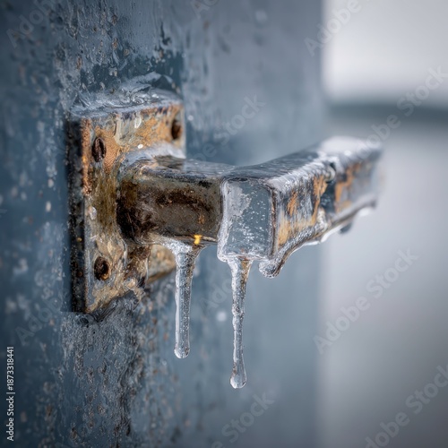 Melting Ice Covered Door Handle Symbolizing Cold Winter and Fragility