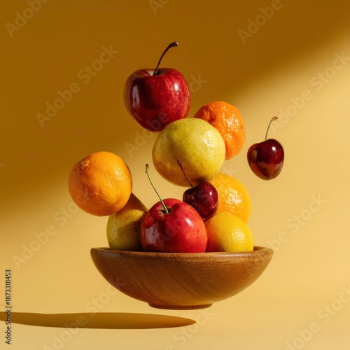 Floating Bowl of Colorful Fresh Fruit in Minimal Studio Setting