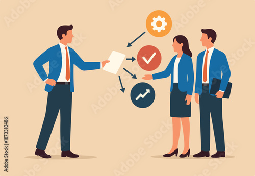 Work delegation, manager distribute work assignment to team member colleagues, assign tasks, job or project to staff responsibility concept, businessman manager delegate project assignment to team.