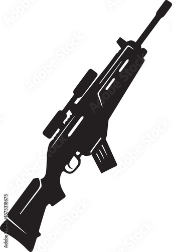 Hand drawn vector illustration of an automatic assault rifle weapon isolated on white background for military army and shooting sport designs
