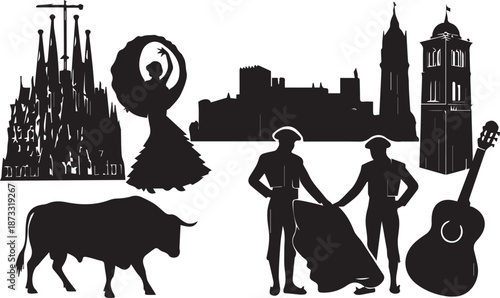 Spanish culture and tourism iconic landmarks silhouette