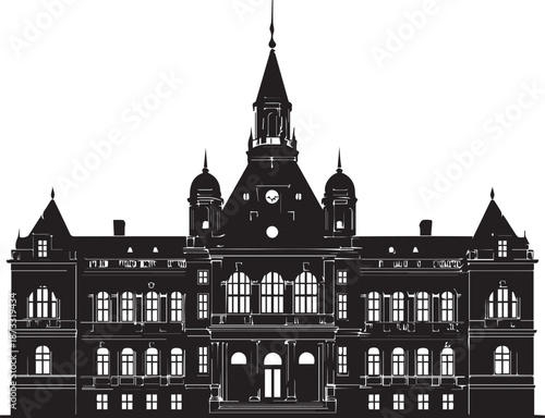 A large gothic style building with a tall spire and multiple turrets