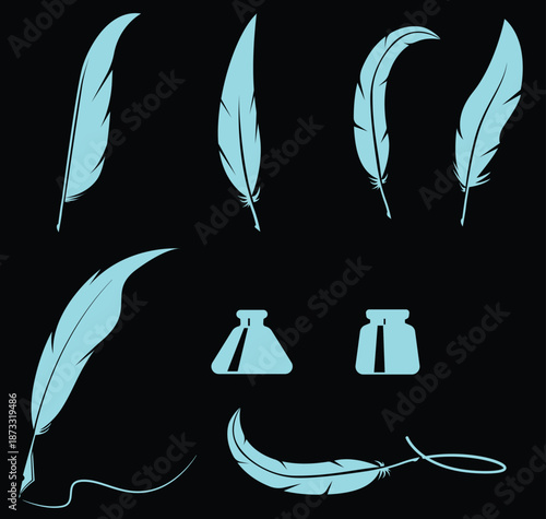 Elegant collection of cyan feather quills and ink pots for classic writing and calligraphy designs