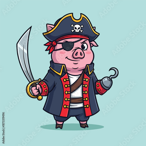Cute cartoon pirate pig with sword and hook.