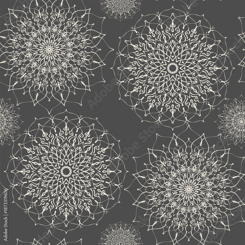 Seamless mandala pattern for printing on fabric or paper, light mandalas on a dark gray background