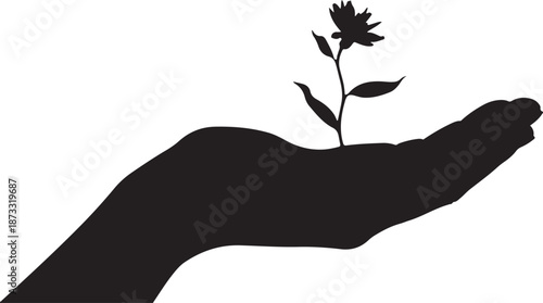 A black silhouette of a hand gently holding a single blooming flower and stem