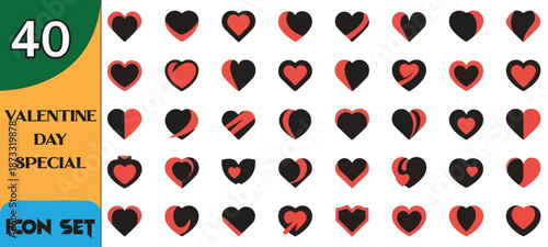 Modern Red and Black Vector Heart Silhouette Icon Set for Valentine