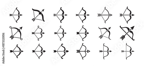 Bow and Arrow Archery Icon Set. Black Line Style, Minimal Bow, Archery Equipment Bow and Arrow Icon, Bow and Arrow Line Icon. Vector illustration eps 10