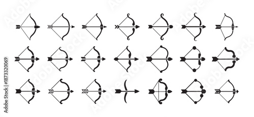 Bow and Arrow Archery Icon Set. Black Line Style, Minimal Bow, Archery Equipment Bow and Arrow Icon, Bow and Arrow Line Icon. Vector illustration eps 10