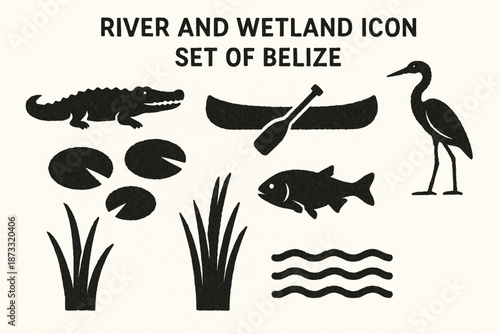 Belize River and Wetland Icon Set with Wildlife, Canoes, and Aquatic Plants