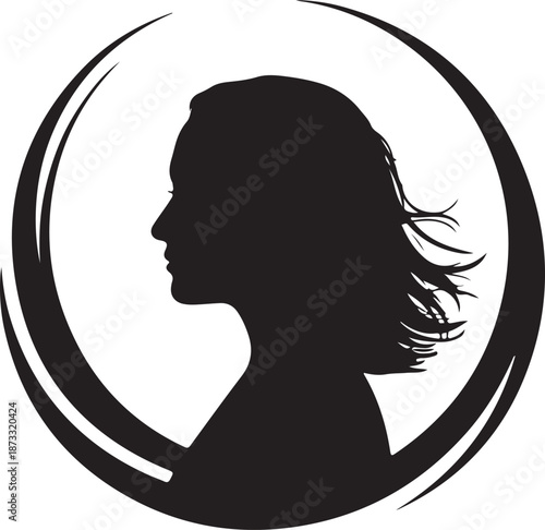 A strong womans black profile silhouette with windswept hair inside a sleek circular frame