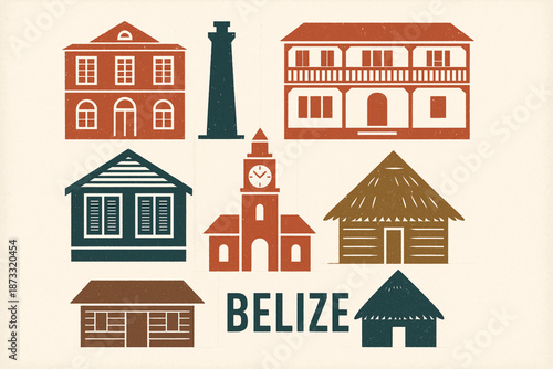 Belize Architectural Icon Set with Colonial, Maya, and Coastal Buildings