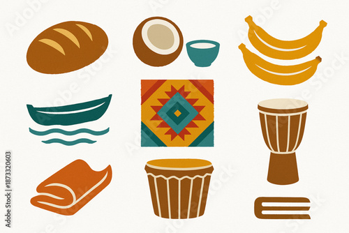 Belize Creole Heritage Icon Set with Traditional Food, Music, and Cultural Symbols