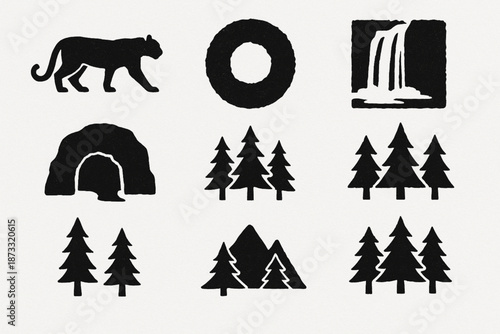 Belize National Parks Icon Set with Wildlife, Landmarks, and Natural Landscapes