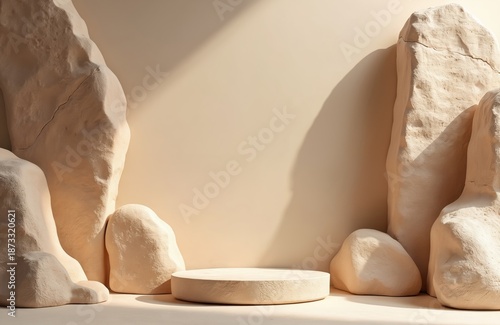 Wallpaper Mural Stone podium display for product presentation. Beige rock platform mockup with minimal design. Empty scene with natural studio background. Advertising space for cosmetic product placement. Torontodigital.ca