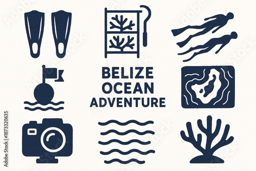 Belize Ocean Adventure Icon Set with Snorkeling, Diving, and Reef Exploration
