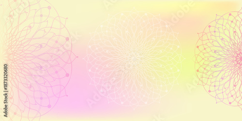 Intricate yellow and pink mandala designs on a gradient light background. Islam, arabic, Indian, ottoman motifs