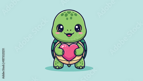 Cute Cartoon Turtle Holding a Pink Heart Illustration.