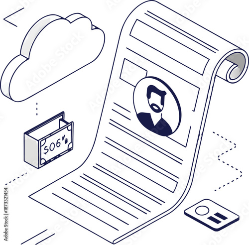 Data Security and Digital Identity: An illustration depicting a collection of digital tools like a cloud, a document with a profile picture, and a wallet.