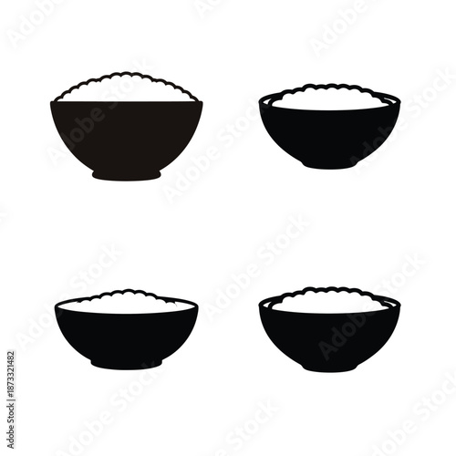 Four stylized silhouette bowls filled with fluffy white rice, ready to be served
