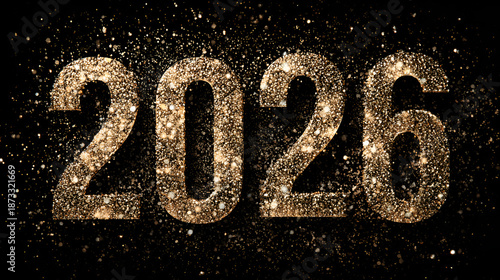 Glittery gold 2026 text on black background with sparkles