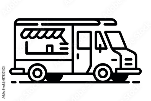 A black and white illustration of a food truck on a plain background