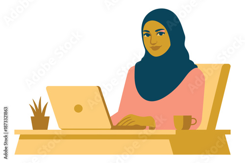 A woman wearing a hijab working on her laptop at a desk