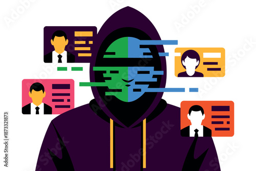 A person wearing a hoodie with multiple identity cards floating around them