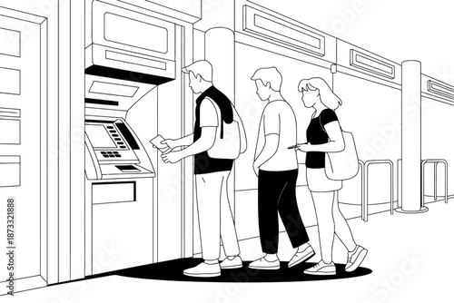 People waiting in line to use an automated machine outdoors