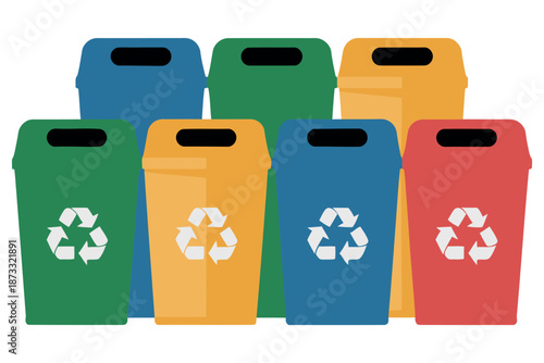 A group of colorful recycling bins with recycling symbols on them