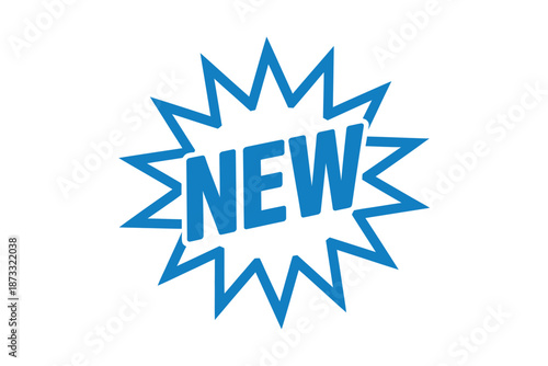 A blue starburst graphic with the word NEW in the center