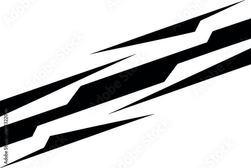 A black and white abstract design with sharp diagonal lines and geometric shapes