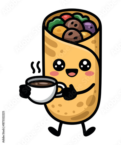 A cartoon burrito character holding a steaming cup of coffee with a smile