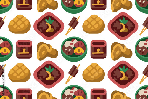 A colorful pattern of various food items on a white background