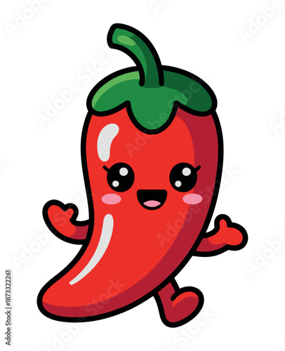 A cheerful cartoon chili pepper character with a happy face and green stem