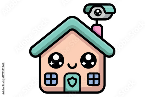 A cartoon house with a security camera and a smiling face